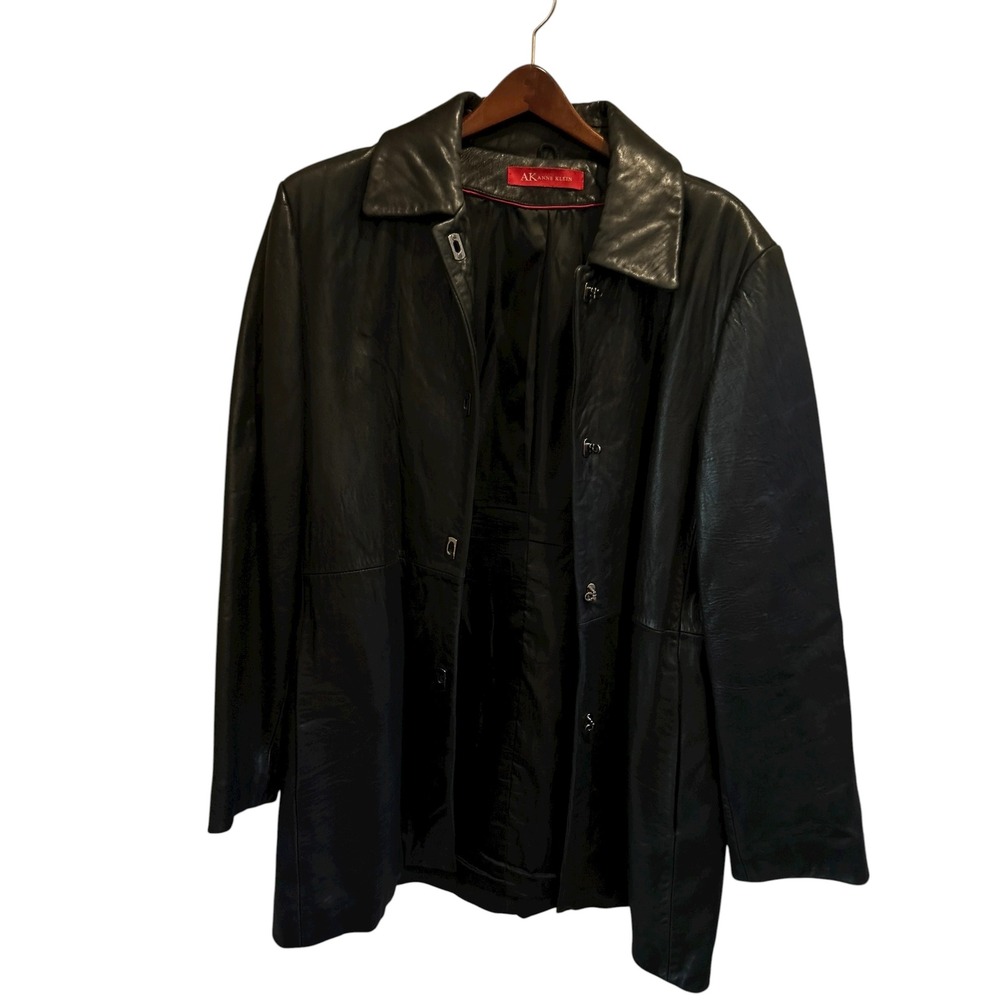 AK Anne Klein Black Leather‎ Coat Jacket Button Front Mid Length Womens